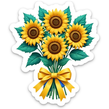 bouquet of sunflower with bow and wrapping paper sticker