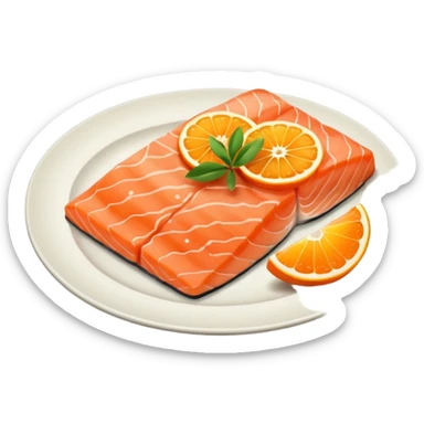 create a Slice of Salmon

Camera angle: slightly elevated top-down view with a gentle bird’s-eye perspective (about 15–20°), identical perspective and scaled do not add anything  on plate only the slice of salmon  sticker
