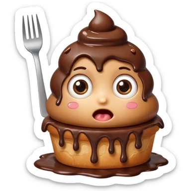 Funny cartoon chocolate mini pastry, holding tiny fork, wide shocked eyes, messy chocolate dripping, chibi style, Twitch emoji style, transparent background, colorful
 sticker