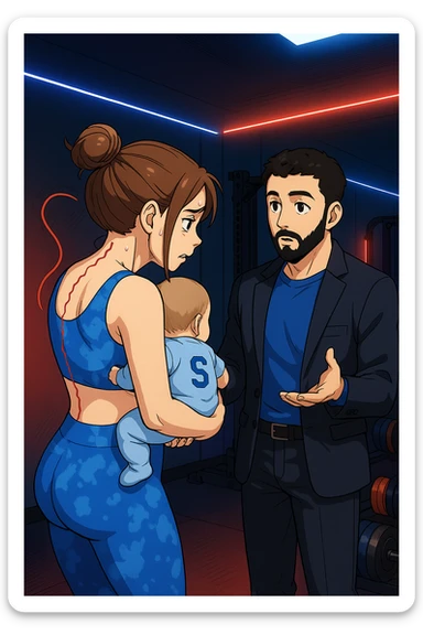 ispirati a questo stile di disegno e fai questa immagine in versione manga/webtoon a colori, il manga mostra la donna preoccupata di profilo con la postura sbagliata e incurvata, spalle chiuse e curve in avanti, con un neonato in braccio con una tutina azzurra e la scritta "S" sulla schiena, spina dorsale storta della donna in evidenza mentre ascolta l'uomo mentre l'uomo gli sta spiegando una cosa, ma non fare i fumetti, fai come se stessero parlando sticker