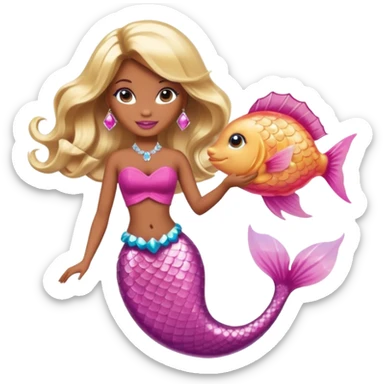 Brown skin blonde hair barbie mermaid with pink diamond tail  with pufferfish sticker