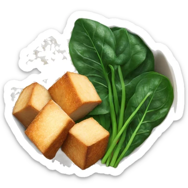 a bowl with white rice, crispy tofu and sliced spinach sticker