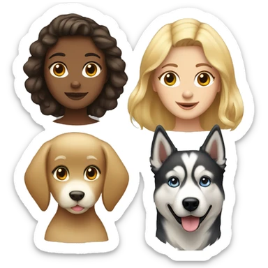 brunette girl, blonde girl, husky, and golden retriever sticker