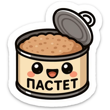 Minimal chibi open pâté can emote, visible pâté inside the can, big cute eyes, cheerful smile, thick black outline, flat colors, strong contrast, simple emoji sticker style, transparent background, Twitch emote optimized, Cyrillic text "ПАСТЕТ" clearly readable sticker