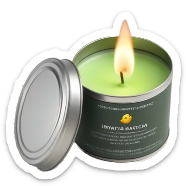 realistic, lit matcha scented candle, silver tin, small white label, text sticker