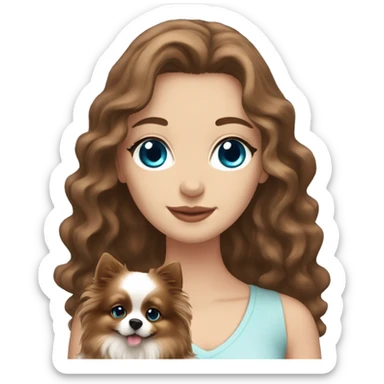 White girl with brown long wavy hair and blue eyes holding a pomeranian sticker