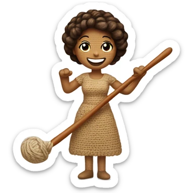 Smiling, waving woman riding a crochet hook sticker