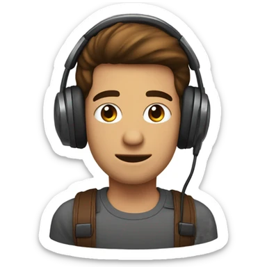 Homme brun, visage ovale, cheveux lisses avec un casque de gamer sur la tête, et des petits yeux marron sticker