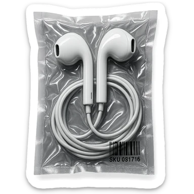 white EarPods with cable, shiny and puffy, no background sticker