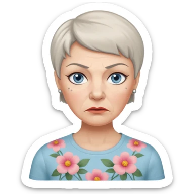 a angry woman in her 50s with bambi light blue eyes and pale tan with rosacea, greyish short hair and slim face, grey thin eyebrows, thin lips and flower pattern tshirt  sticker