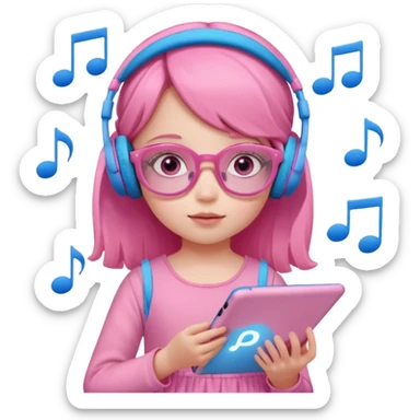 Little girl with headphones when pink eyes and pink iPad and pink dreamy background and rose colored glasses and blue music notes around her and pink dress sticker