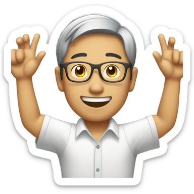 smiling young asian man who wearing glasses putting hands up sticker