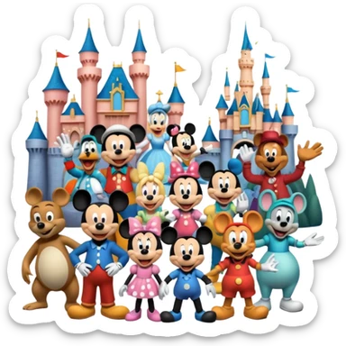 Colorful icon for Animated Movies: A vibrant collage featuring iconic characters like Goofy, Mickey Mouse, Franco, Masha and the Bear and Luntik. Each character should be large and bright, set against a cheerful and playful background of Disneyland. Transparent background. sticker