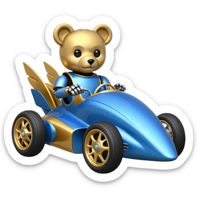  Metallic blue and gold-accented  kid-sized racing car for furry-faced evil scary robot teddy bear with custom aero body and rear wing and motorcycle-sized wheels  sticker