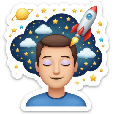 a man with closed eyes and a smile, dreaming of a rocket ship, thought bubble above head sticker
