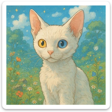a white devon rex cat with one yellow and one blue eye each sticker
