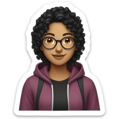 smiling teenage indian girl with glasses with black curly hair wearing a black hoodie with no zipper sticker