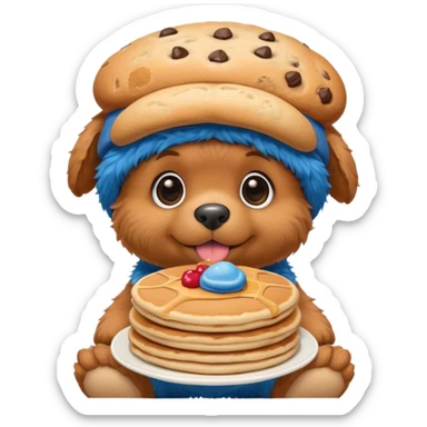 Cute small puppy with a Cookie Monster hat holding a stack of pancake sticker