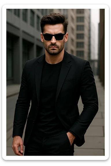 Make the sigma character more serious with a strong jawline and intense expression. Keep the sunglasses and confident pose. Render in a modern style with a serious and strong vibe. sticker