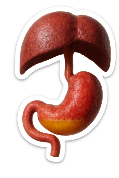 stomaco umano anatomico infiammato con acido giallo all'interno fluttua in aria insieme ad un diaframma umano, iperrealistico 4k, isolato su sfondo bianco sticker