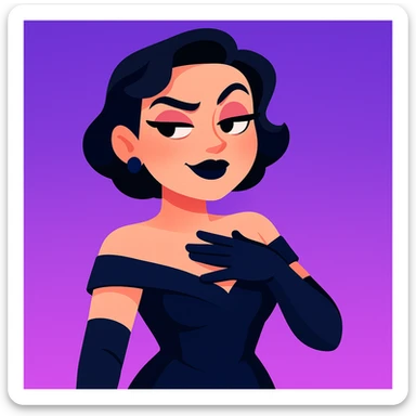 cute animated 3D cartoon character of a glamorous woman with short black hair in elegant curls, wearing a dark navy blue off-shoulder gown and long black gloves, confident slightly smug facial expression with bold dark makeup including black lipstick and sharp eyebrows, hand placed on chest as if in disbelief or sass, bright purple gradient background, mobile game character art style sticker