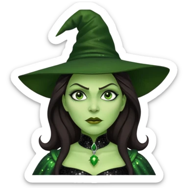 The Wicked Witch from Oz with long dark brown hair, black sequin outfit, green skin sticker
