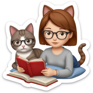 A girl is lying in bed. She has short chestnut hair styled neatly, is wearing glasses, and is reading a book. A grey cat is lying on her legs. The girl has no headband or ears, and the cat is not wearing glasses. sticker