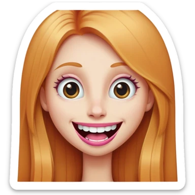 young girl with long straight ginger blonde hair, long face, big eyes, big long nose, big pink mouth with large teeth, exaggerated smile sticker