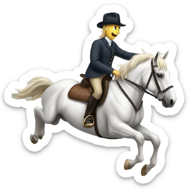 A beautiful horse that’s white with a person riding it well they are jumping high  sticker