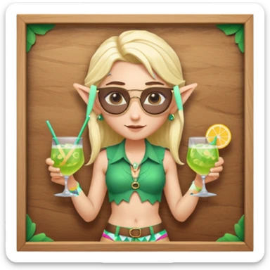 elf female legolas portrait, patterned board shorts (geometric/abstract), unique wooden-framed sunglasses, undercut hairstyle, slight smirk, visible pointy ears, no background, centered emoji, hipster summer vibe coctails sticker