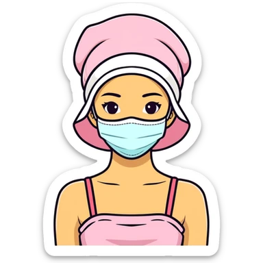 A teen girl wearing a face mask and bonnet with a tube top sticker