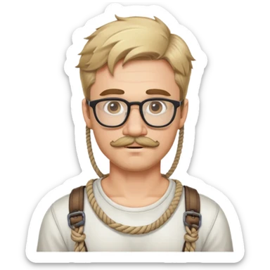 Dirty Blond haired guy with a mustache and some chin hair and glasses in a rope harness  sticker
