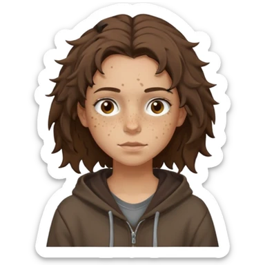 Hobo tomboy with light skin, freckles, dark brown shoulder-length hair in a messy style. Brown eyes, dark brown hoodie, brown shirt. sticker