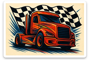 race truck with a checkered flag background, bold and dynamic style sticker