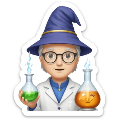 scientist with glasses, wearing wizard hat custome, with glass vase sticker