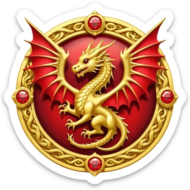 Golden dragon with wings crest / brosch in a circle with red gems and no background sticker