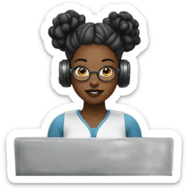 A black woman with space buns behind a computer screen, working in the field of technology sticker