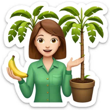 a woman with brown hair whose excited is planting a banana tree sticker