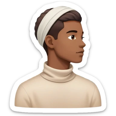 Minimalist male profile surrounded by ethereal energy waves with clothing items and accessories floating around it, style inspiration concept sticker