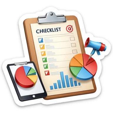 An icon featuring a pie chart, a clipboard with a checklist, and a megaphone, symbolizing management and marketing. The design includes upward-trending graphs and a target with an arrow, representing strategy and success. Transparent background highlights business organization and promotion. sticker