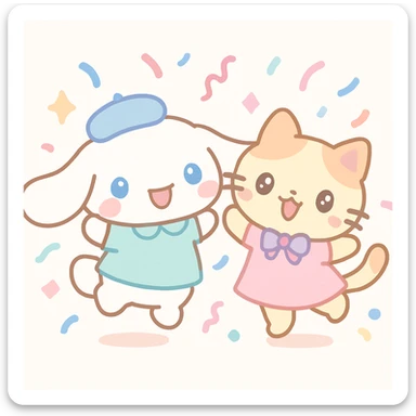 Cinnamoroll and a cat dancing together at a party, kawaii style, confetti, joyful expressions, cute outfits sticker
