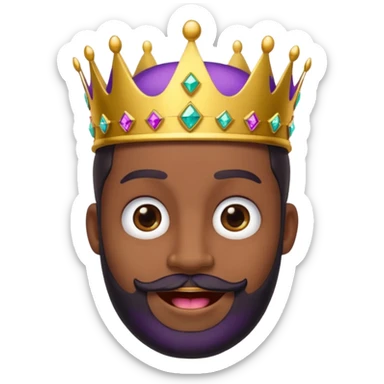 Create a cartoon-style emoji of Baltasar, one of the Three Wise Men. Only show his face and crown. He has a joyful expression, black beard, and a purple and gold crown with jewels. Make it colorful, simple, and suitable as an emoji. sticker