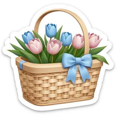 A white Picnic basket with pastel blue bow, white peonie, tulips sticker