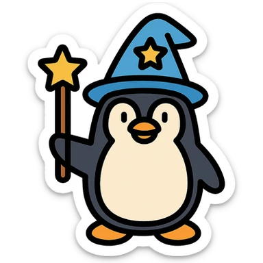 penguin wizard, color outline icon sticker