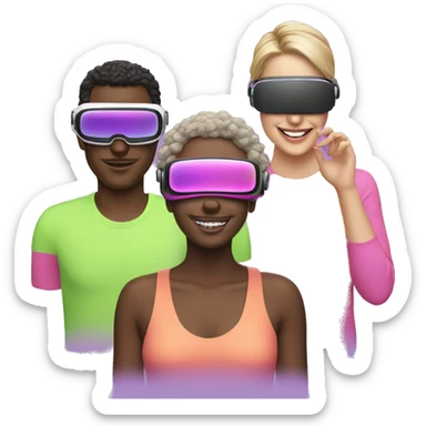 3 people different races, happy, wearing VR headsets pinks, purples, greens neon sticker
