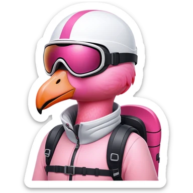 A female Skiing Flamingo with ski helmet on the head , wearing ski goggles , ski and ski boots. With one head and two legs sticker