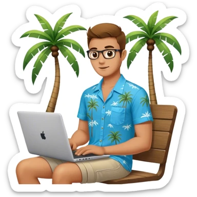 A digital nomad in bali working on a laptop wearing a tropical blue shirt with a palm tree on the side sticker