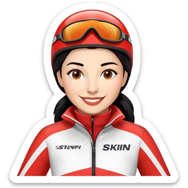 Ski racer woman red white dress with the name Stephanie on the dress black hair smile sticker