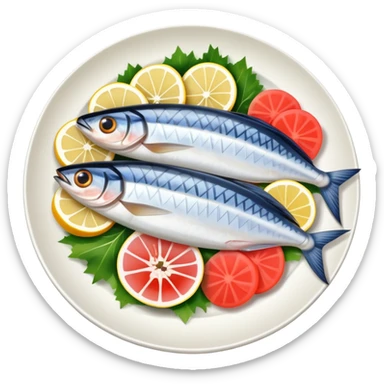 mackerel sashimi with slices of raw fish on a plate with garnish sticker