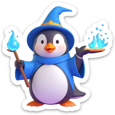 penguin wizard casting a spell with glowing effects in 3D style sticker